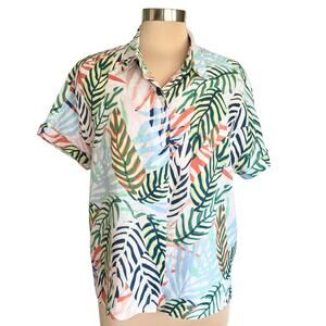 Tahari 100% Linen Button Down Shirt Women L Tropical Palm Print Summer Casual
